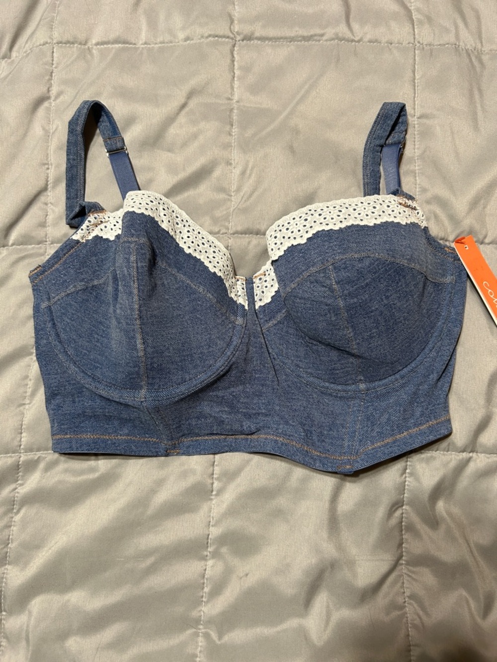 Colsie Denim Longline Bustier Bra with White Lace Trim - Blue